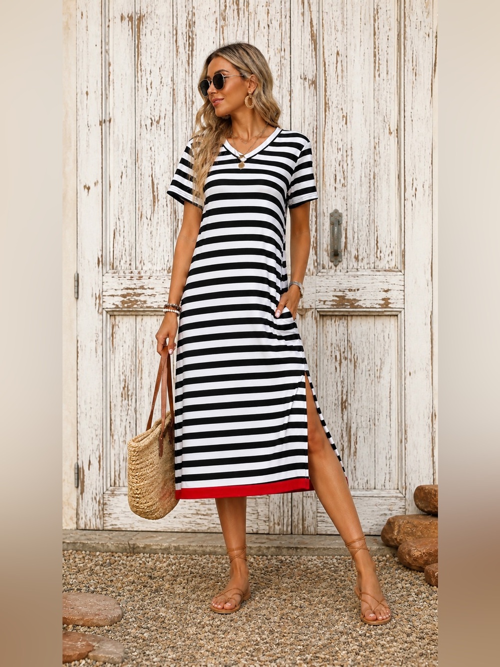 NWT Dokotoo Striped Maxi Dress M Black White Red Hem Side Slit Pockets Casual